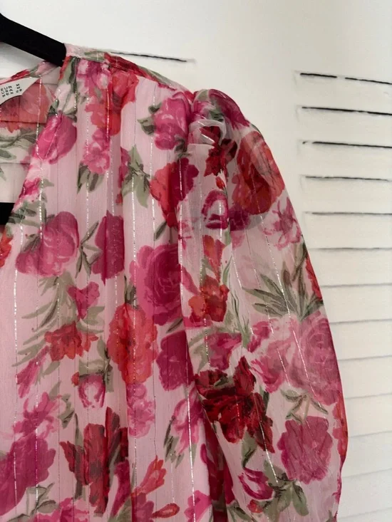 Stradivarius Pink Floral Midi Dress β Puff Sleeves Feminine Chic - Picture 8 of 14